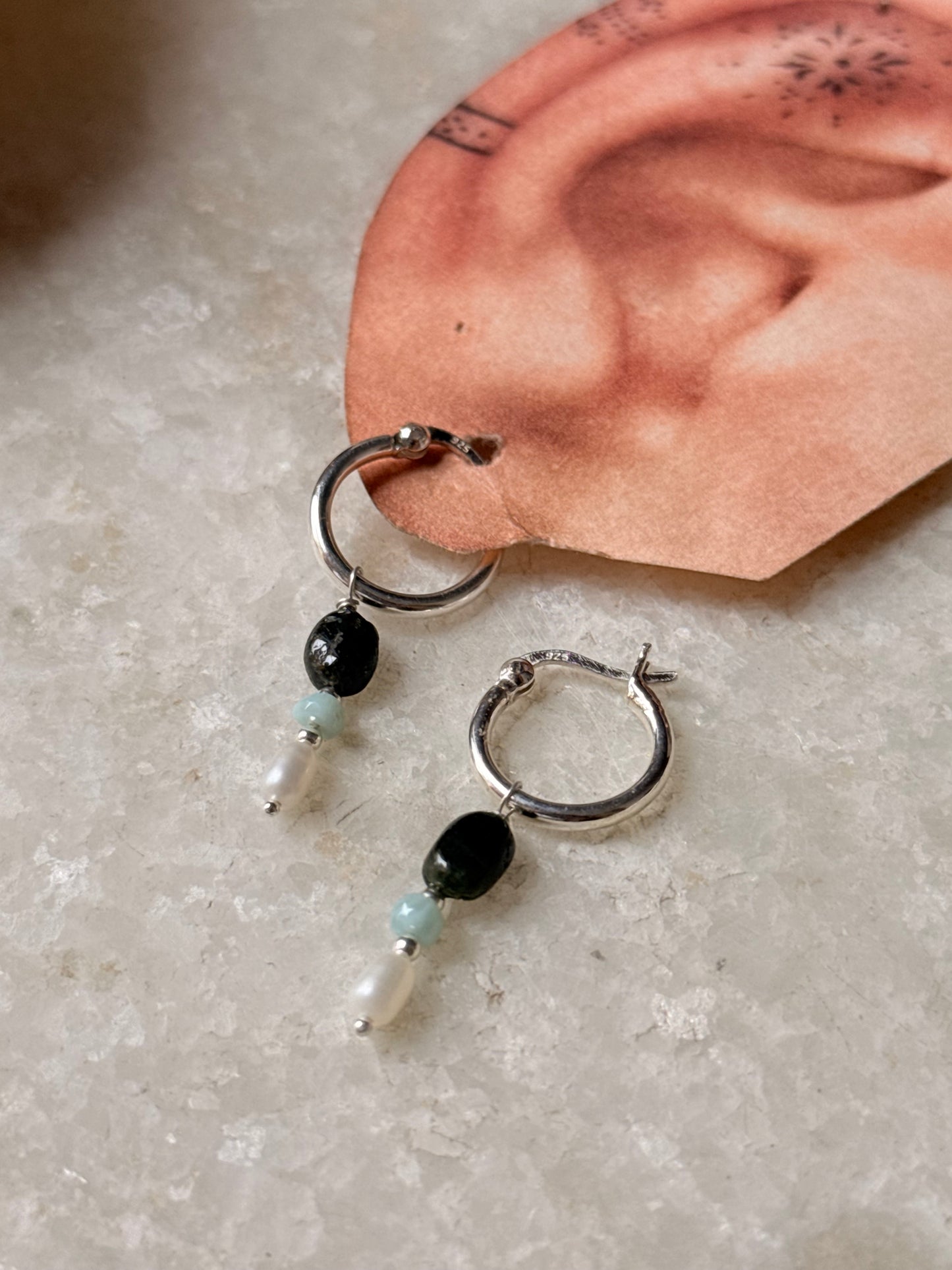 925 Sterling Silver Green Tourmaline Larimar Fresh Water Pearls Hangings Hoops Earrings