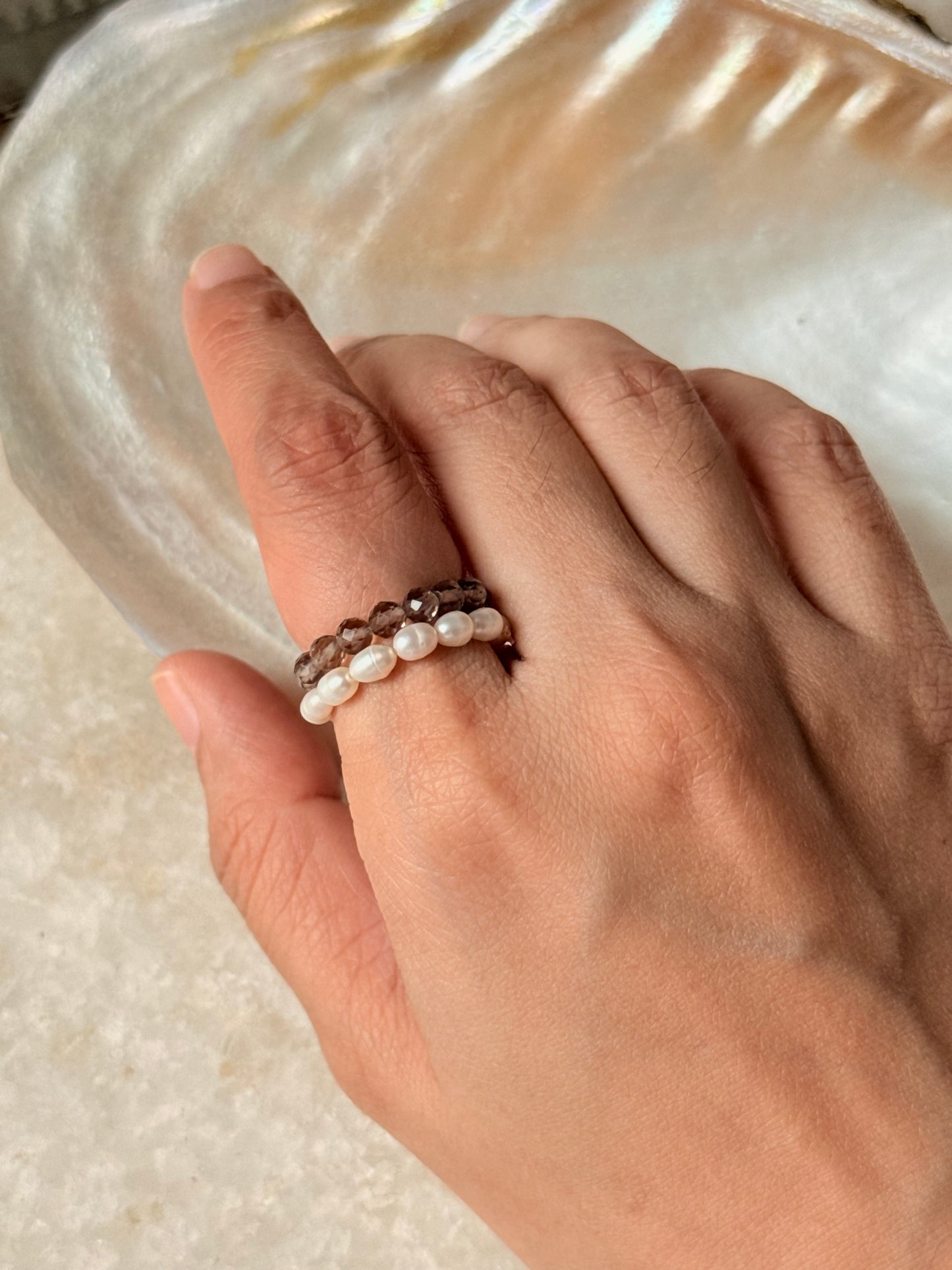 Natural Crystal Stretchy Smokey Quartz 3-4mm & Fresh Water Pearl Rings