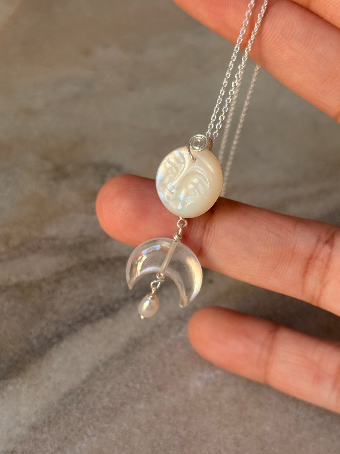 925 Sterling Silver Mother of Pearl Full Moon Face Spiral Carved, Clear Quartz Moon Handcrafted Necklace