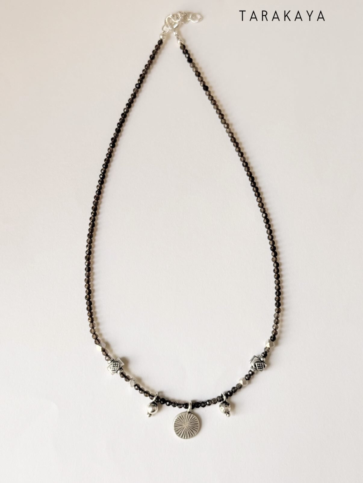 925 Sterling Silver Smokey Quartz 2mm & Hill Tribe Coin Charm & Silver Beads Handcrafted Necklace