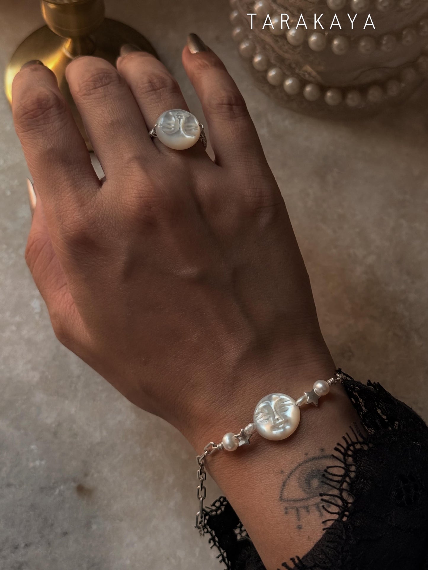 925 Sterling Silver Mother of Pearl Moon Face, Fresh Water Pearls & Silver Stars Self Designed Handcrafted Bracelet