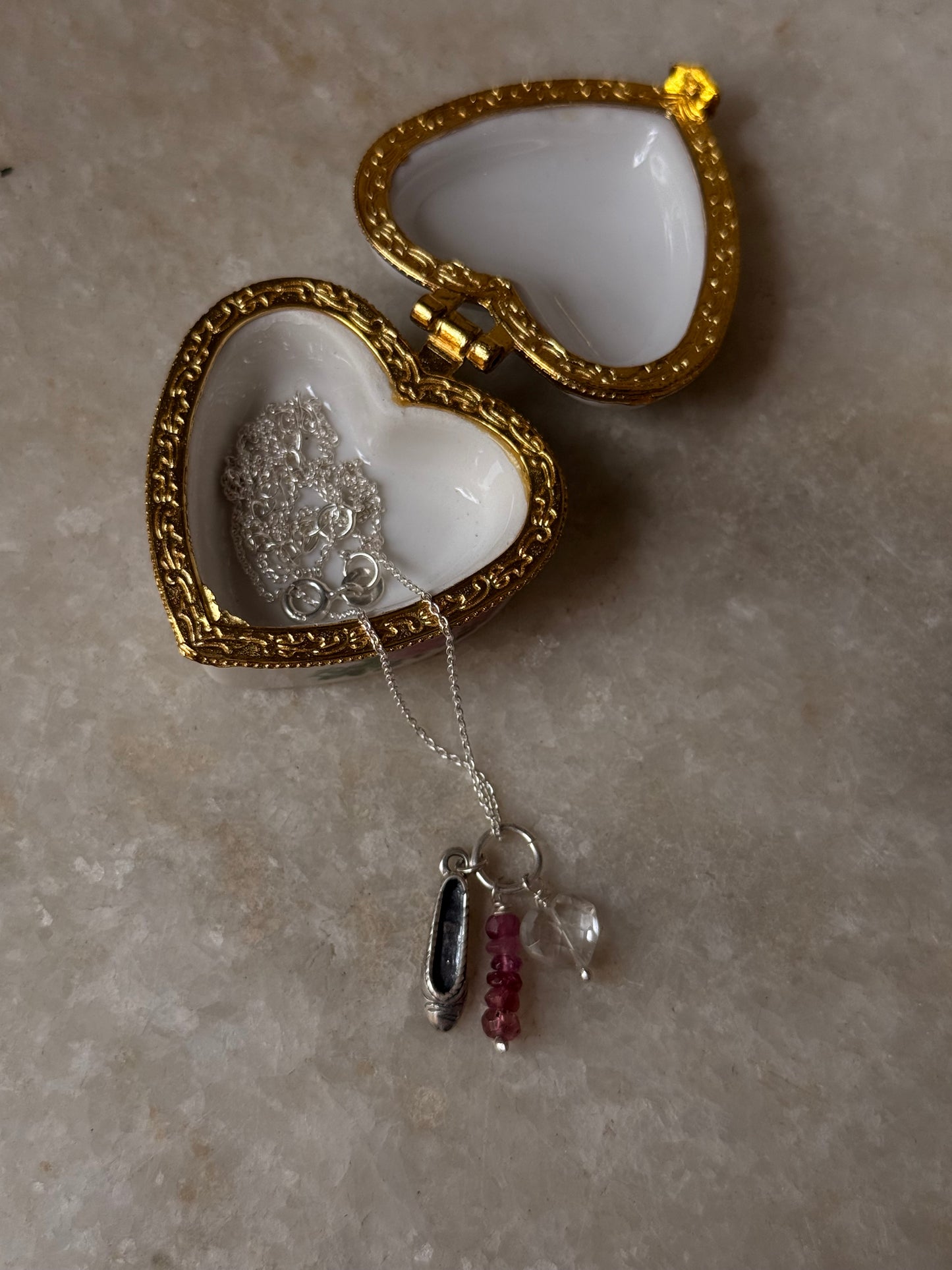 925 Sterling Silver Ballet shoe, Clear Quartz, Pink Tourmaline Charm