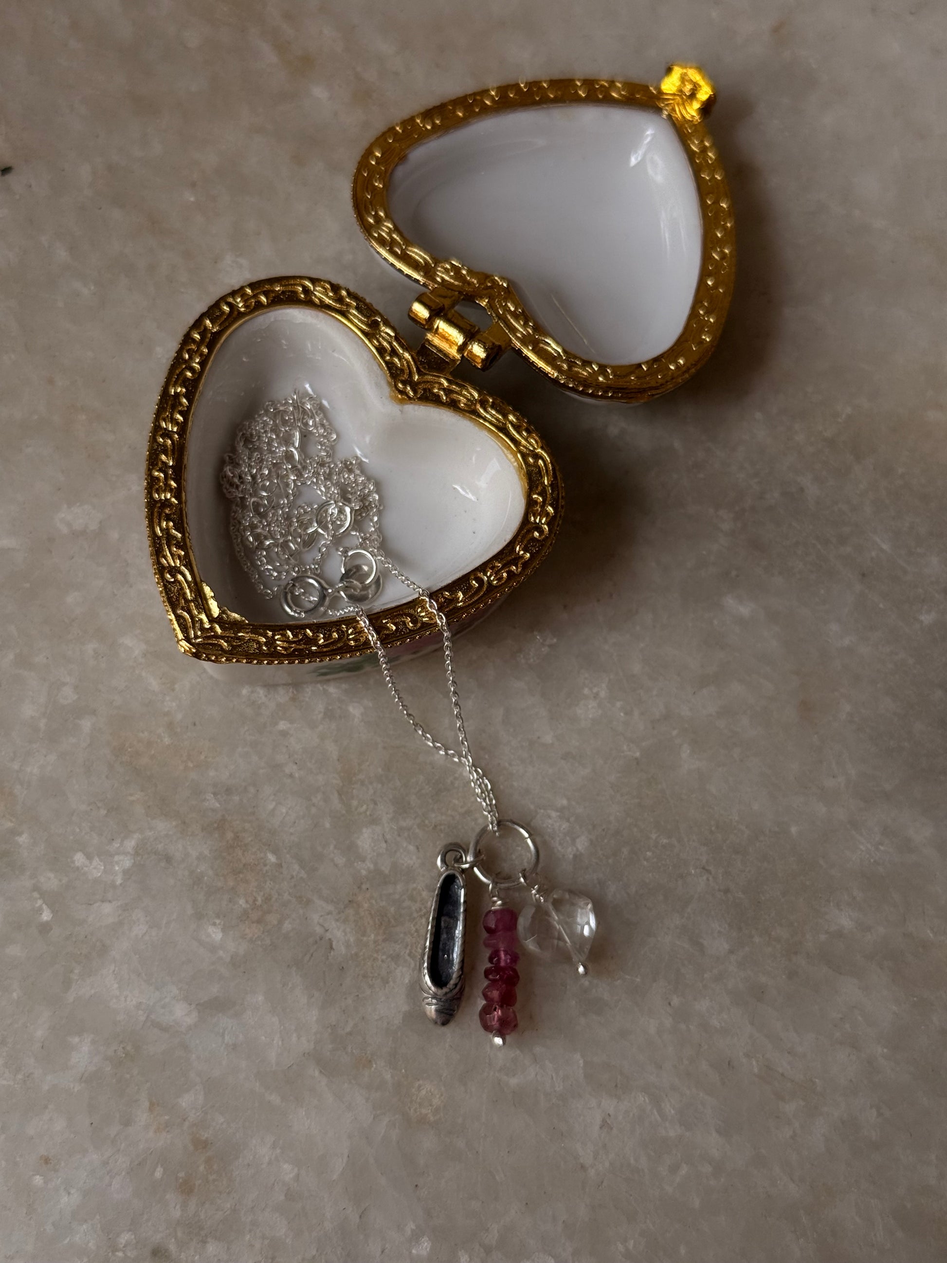 925 Sterling Silver Ballet shoe, Clear Quartz, Pink Tourmaline Charm