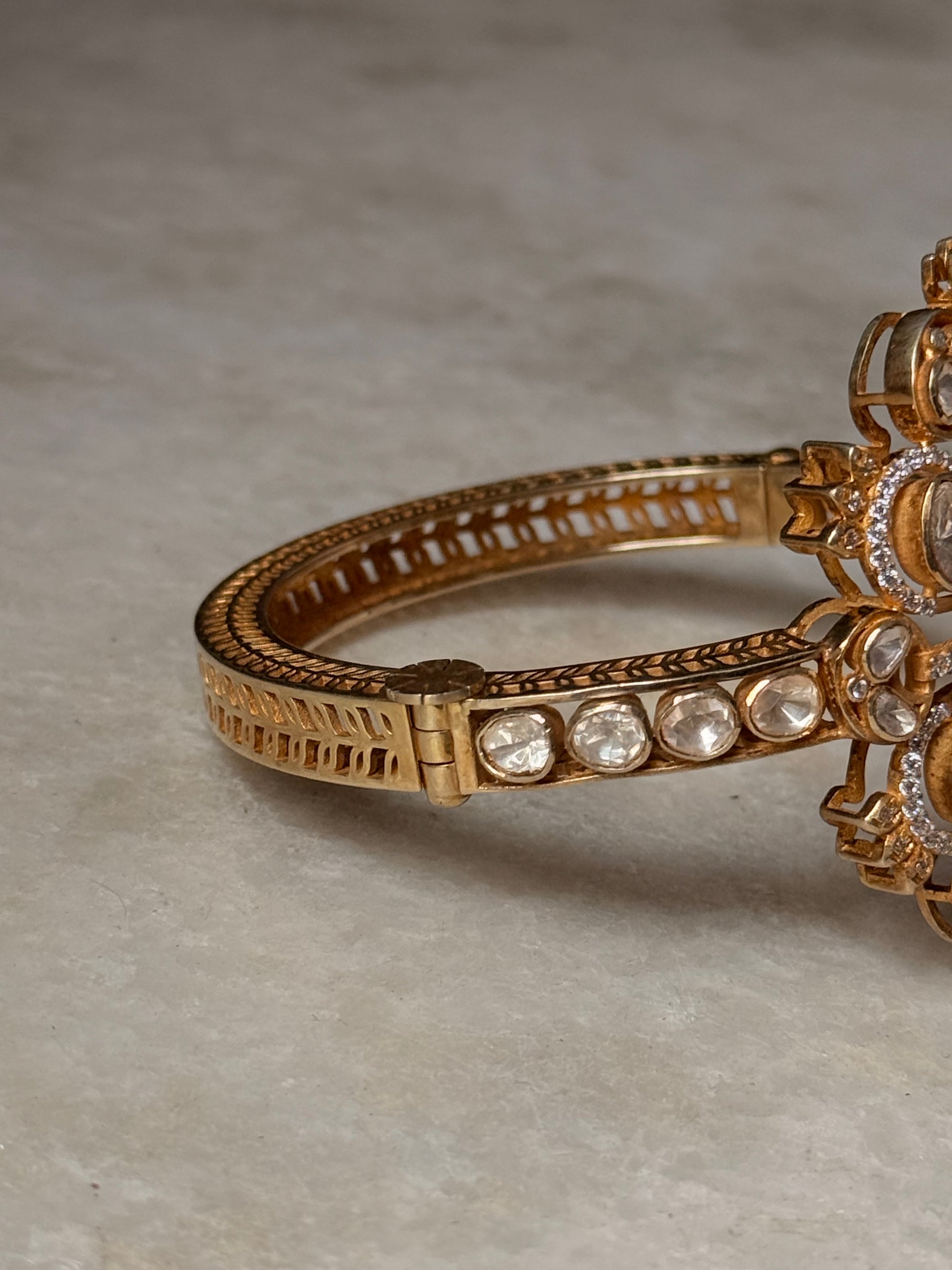 Antique Moissanite Polki Statement Cuff Bracelet in 925 Sterling Silver with Gold Plating