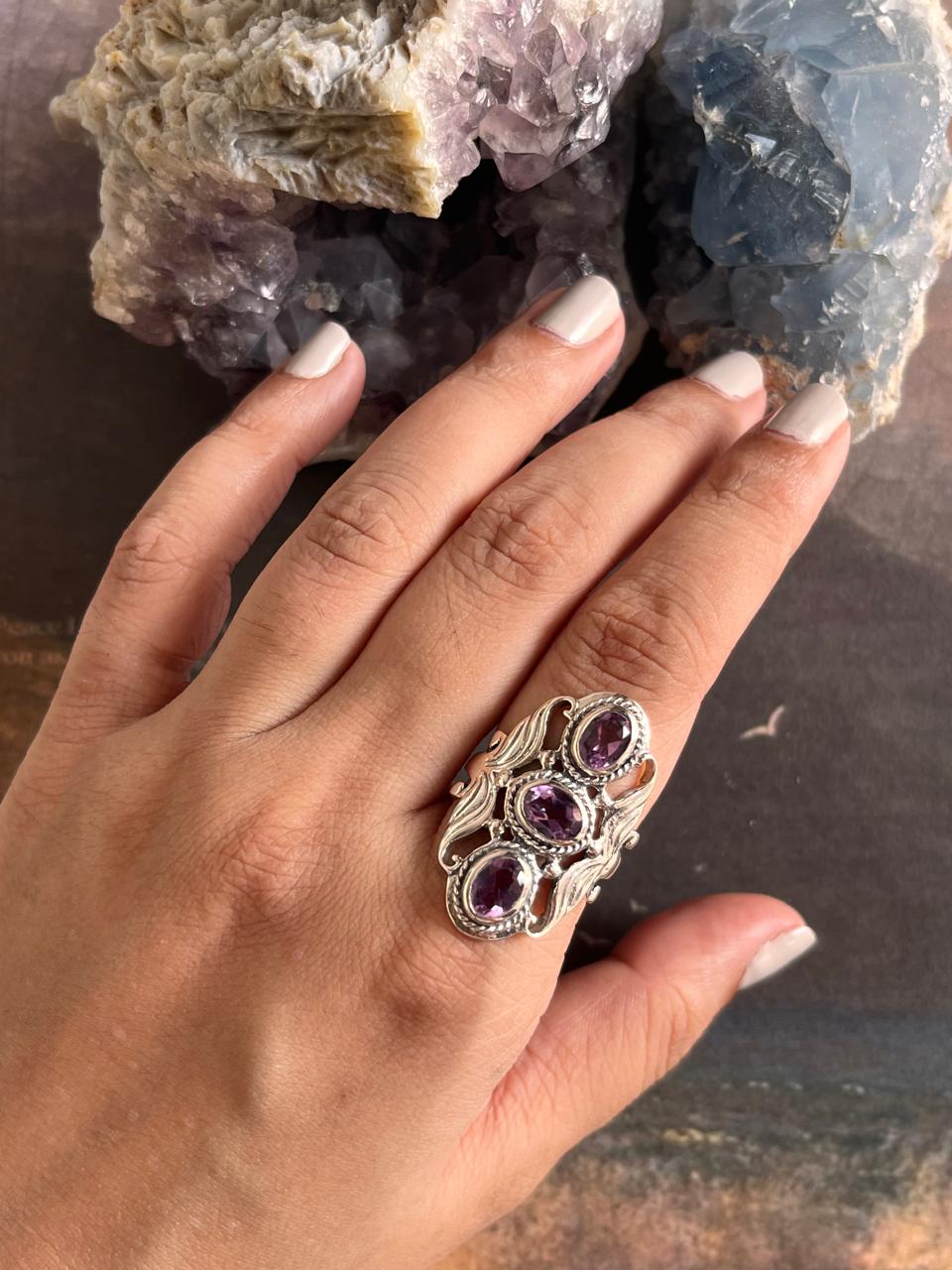 3 Stone Amethyst Silver Ring for Healing Energy 