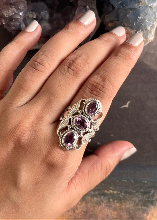 3 Stone Amethyst 925 sterling silver Ring for Healing Energy 