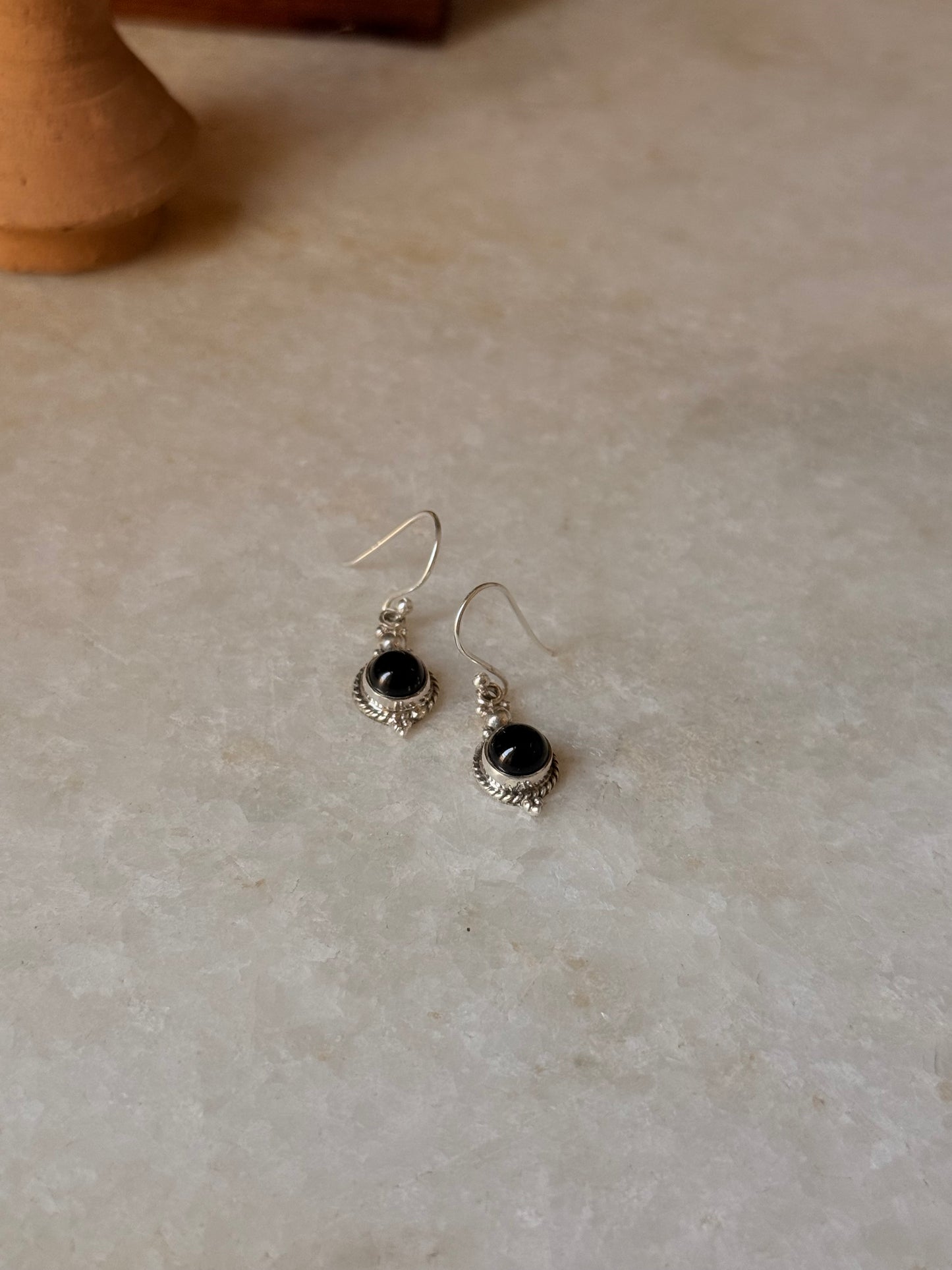 925 Sterling Silver Black Onyx Rope Handcrafted Boho Antique Style Hook Earrings
