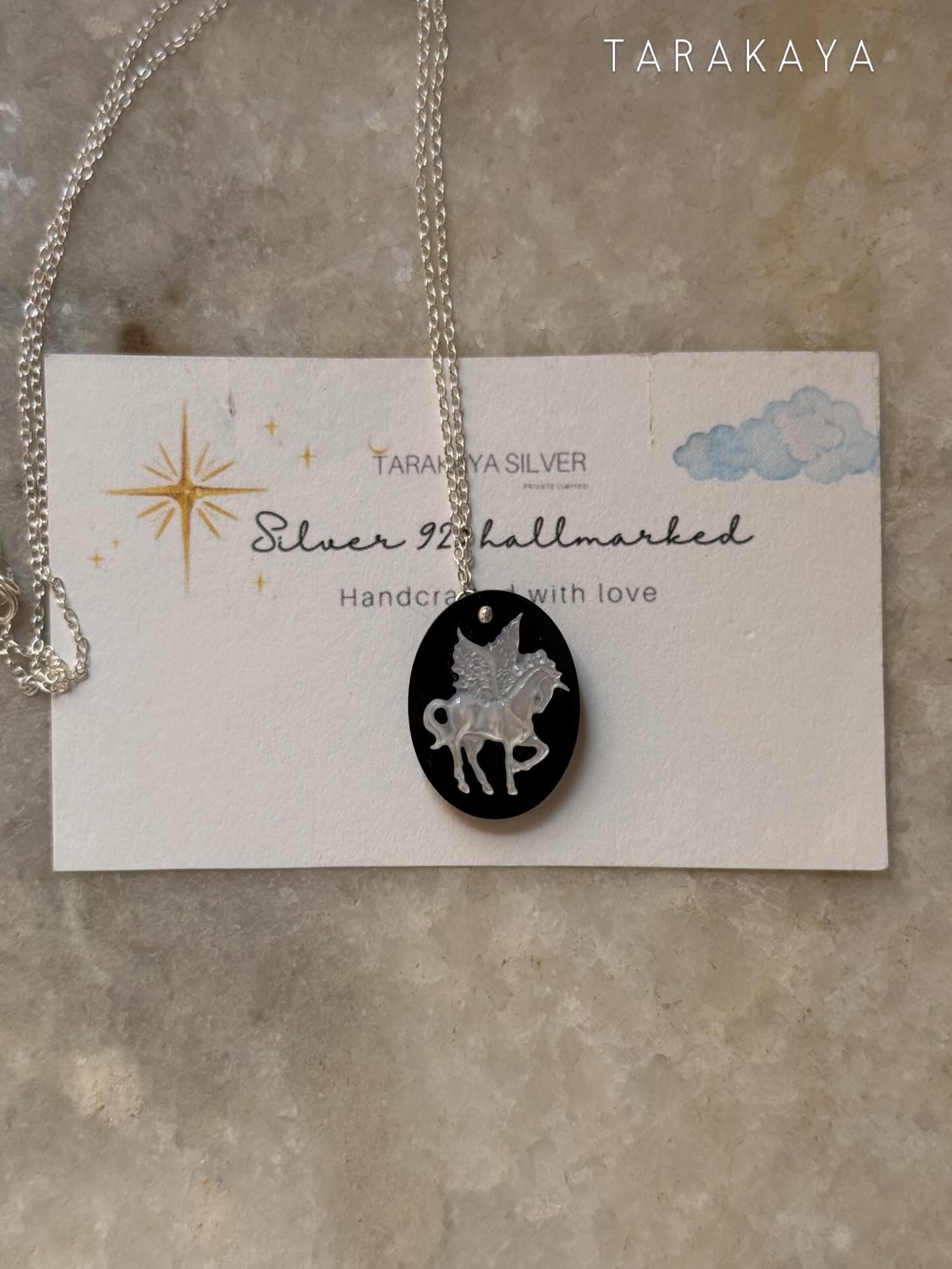 925 Sterling Silver Black Onyx, Mother of Pearl Unicorn Carved Handcrafted Necklace