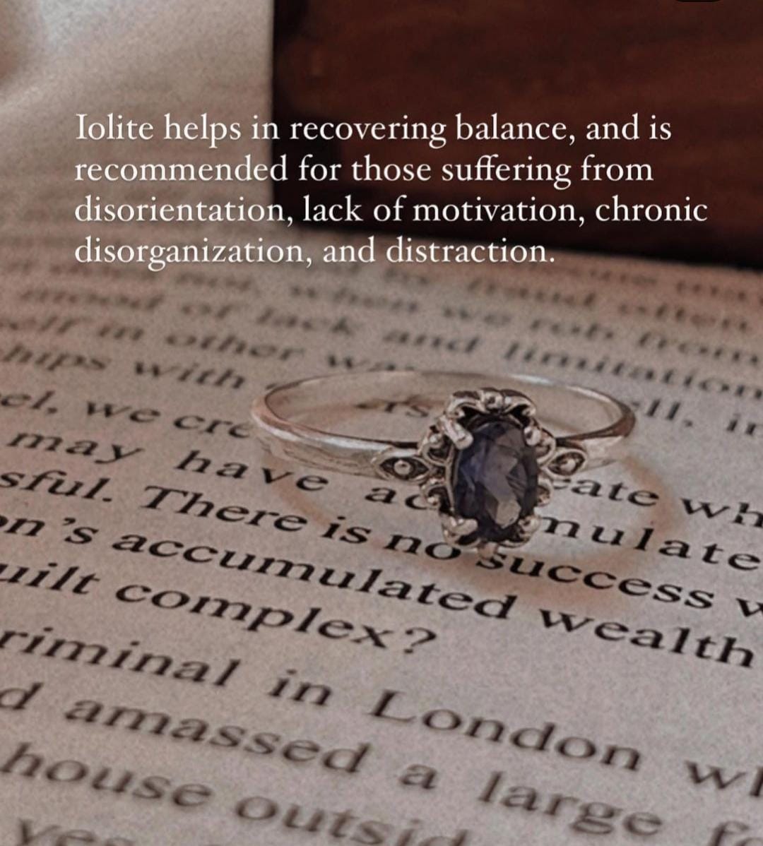 Iolite gemstone ring in 925 sterling silver with a Victorian flair