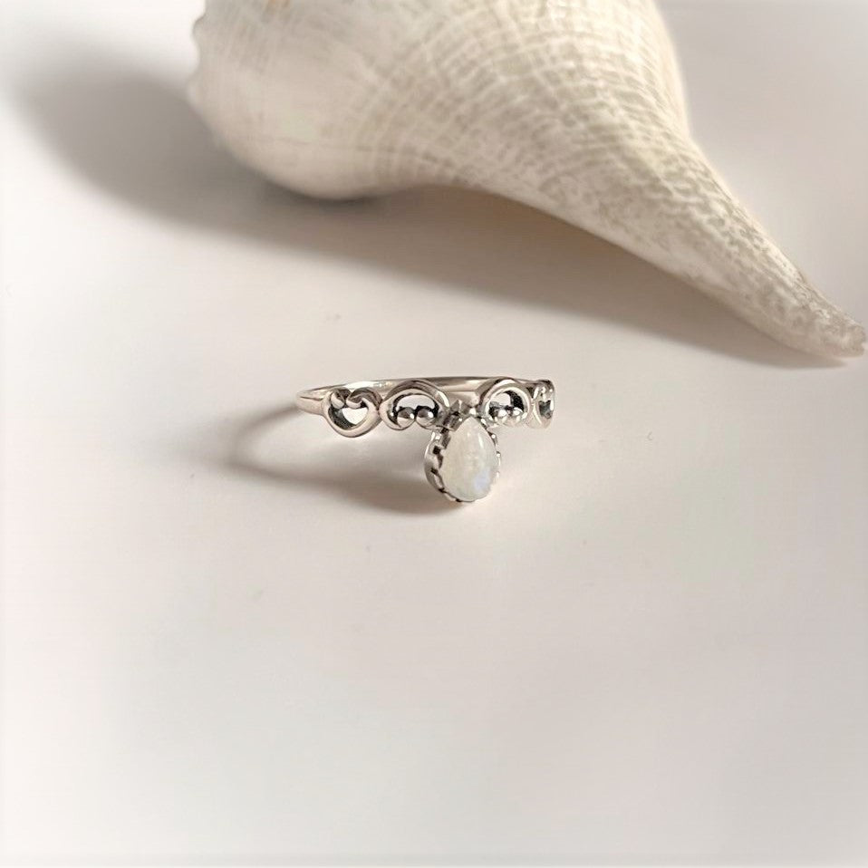 Sophisticated Moonstone Crown Pear Ring in Sterling Silver