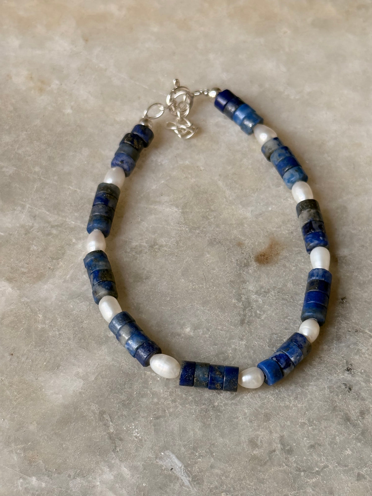 925 Sterling Silver Lapis Lazuli Flat Tube Crystal Fresh Water Pearls Bracelet