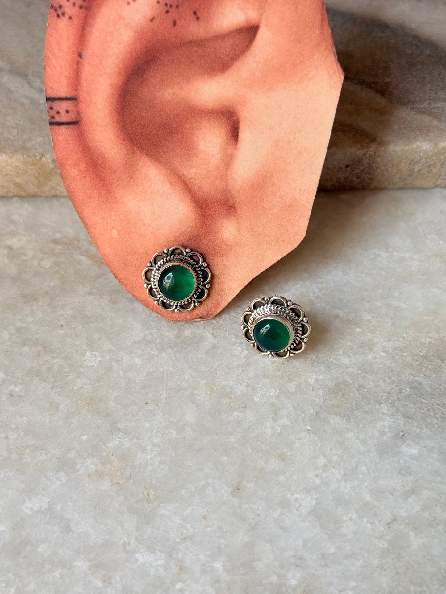 925 Sterling Silver Green Onyx Floral Big Studs Earrings