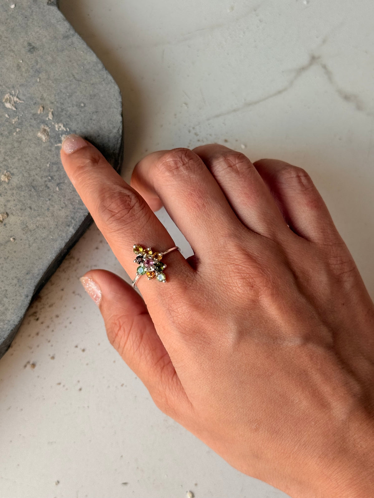 925 Sterling Silver Natural Multi Tourmaline North Star Ring