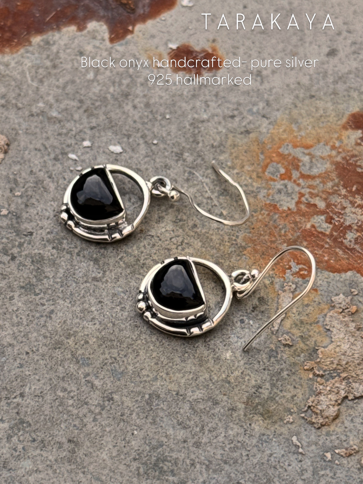 925 Sterling Silver Black Onyx Half Round Rustic Contemporary Style Hook Earrings