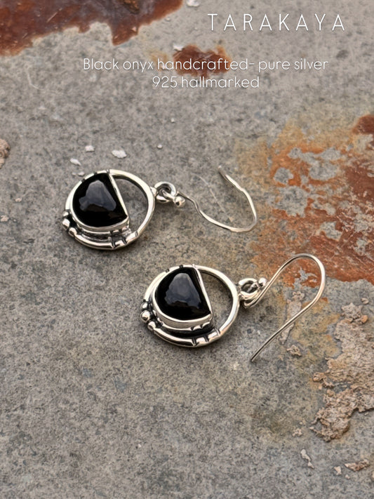 925 Sterling Silver Black Onyx Half Round Rustic Contemporary Style Hook Earrings