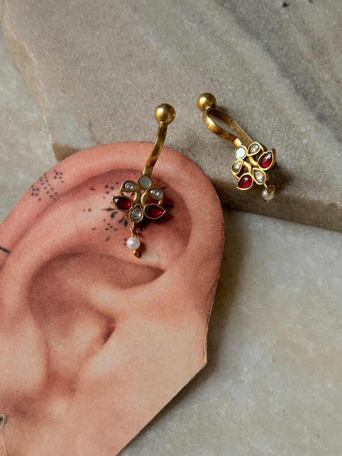 925 Sterling Silver Gold Plated Pink White Stone Kundan Polki & Fresh Water Pearls Charm Bugadi Ear Cuff