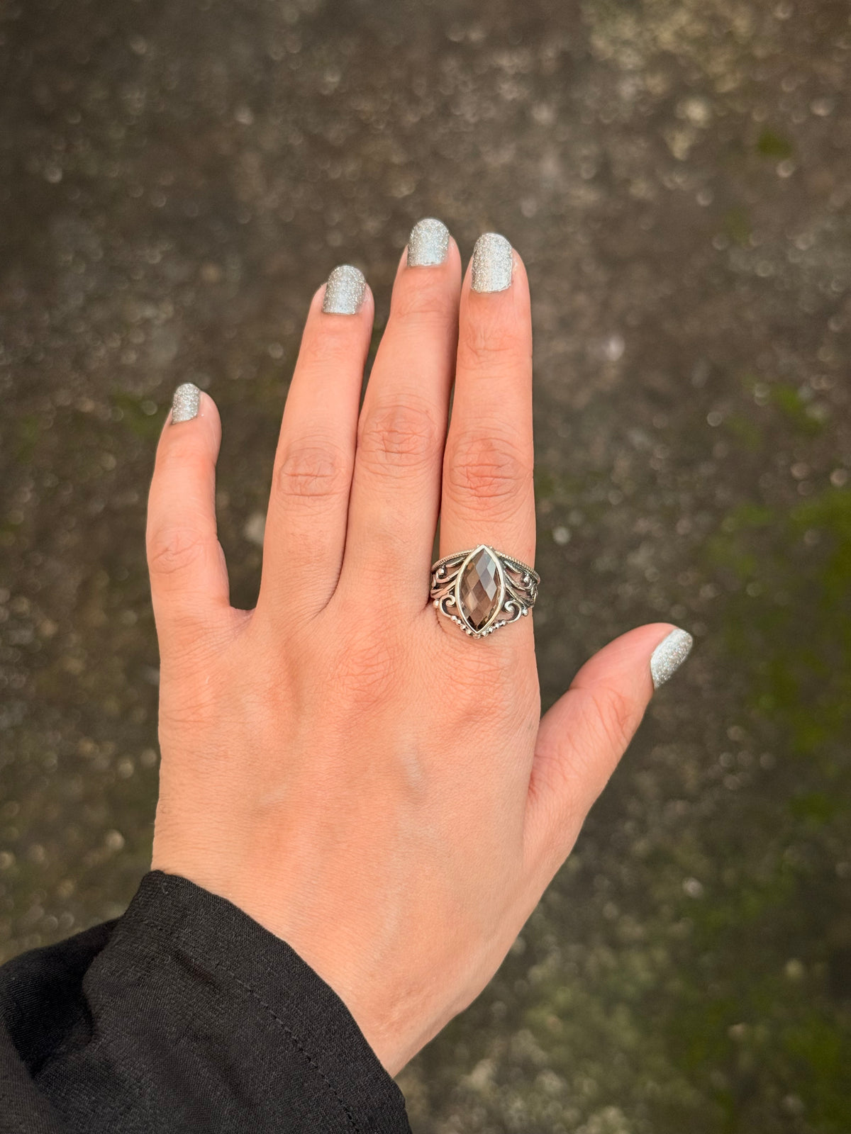 925 Sterling Silver Smokey Quartz Marquise Vintage Crown Ring