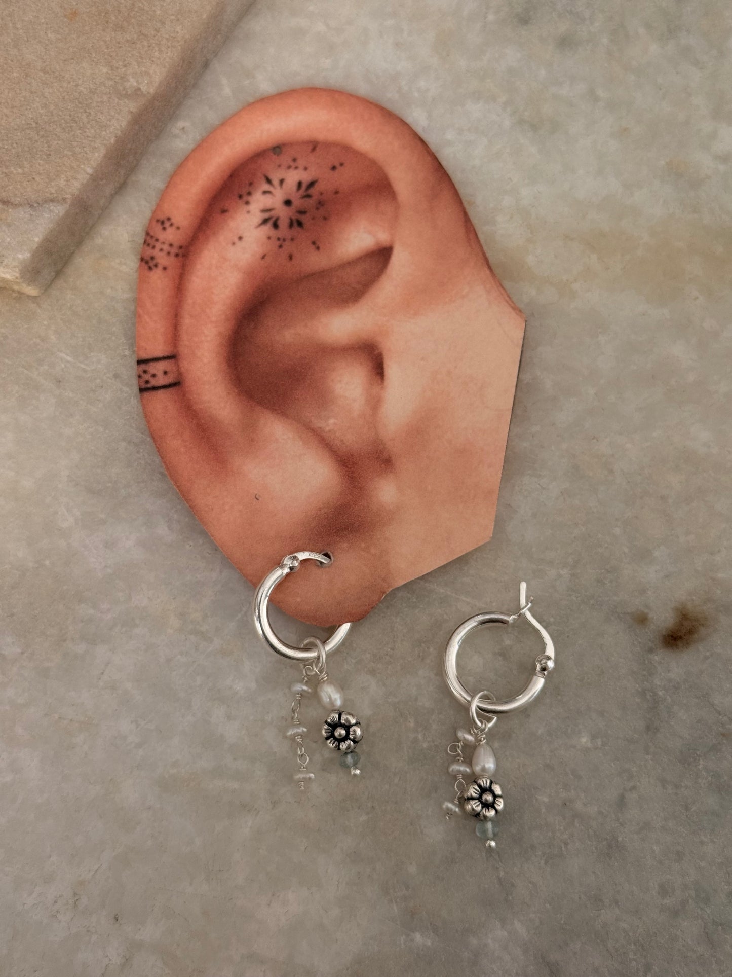 925 Sterling Silver Fresh Water Pearl, Aquamarine & Floral Hoops