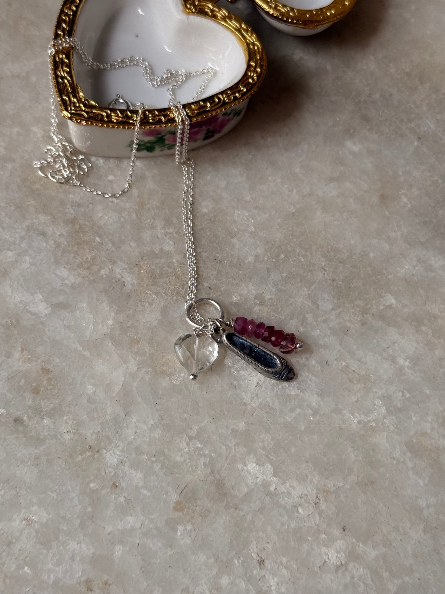 925 Sterling Silver Ballet shoe, Clear Quartz, Pink Tourmaline Charm