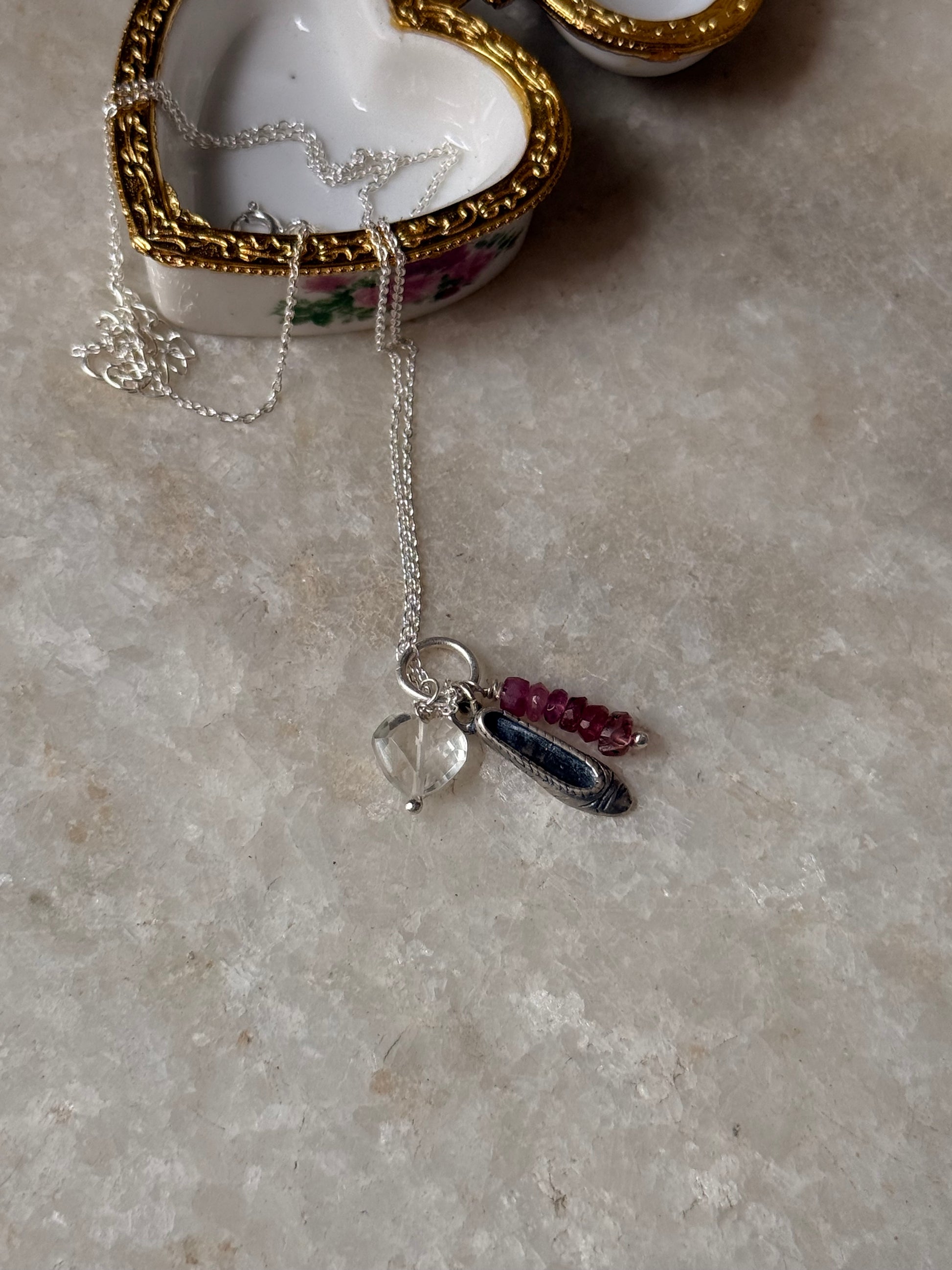 925 Sterling Silver Ballet shoe, Clear Quartz, Pink Tourmaline Charm