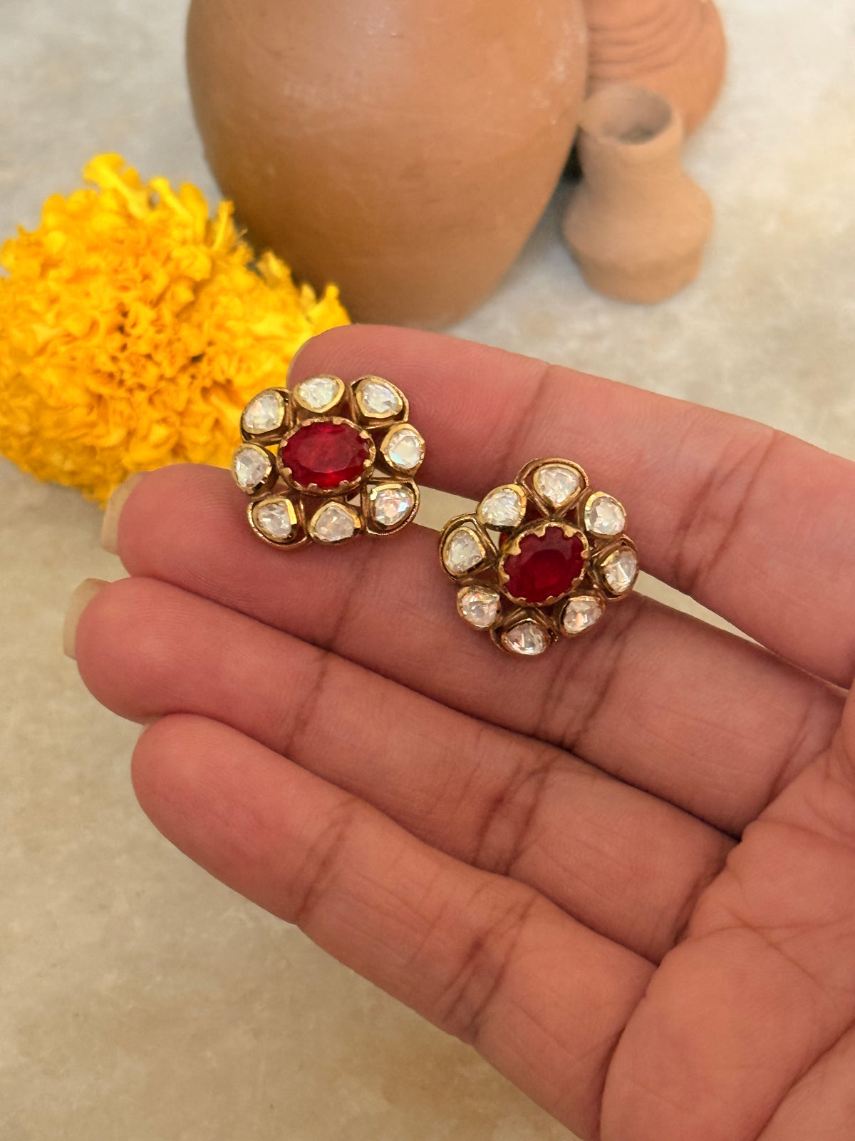 925 Sterling Silver Gold Plated Moissanite Polki Dyed Ruby Studs Earrings
