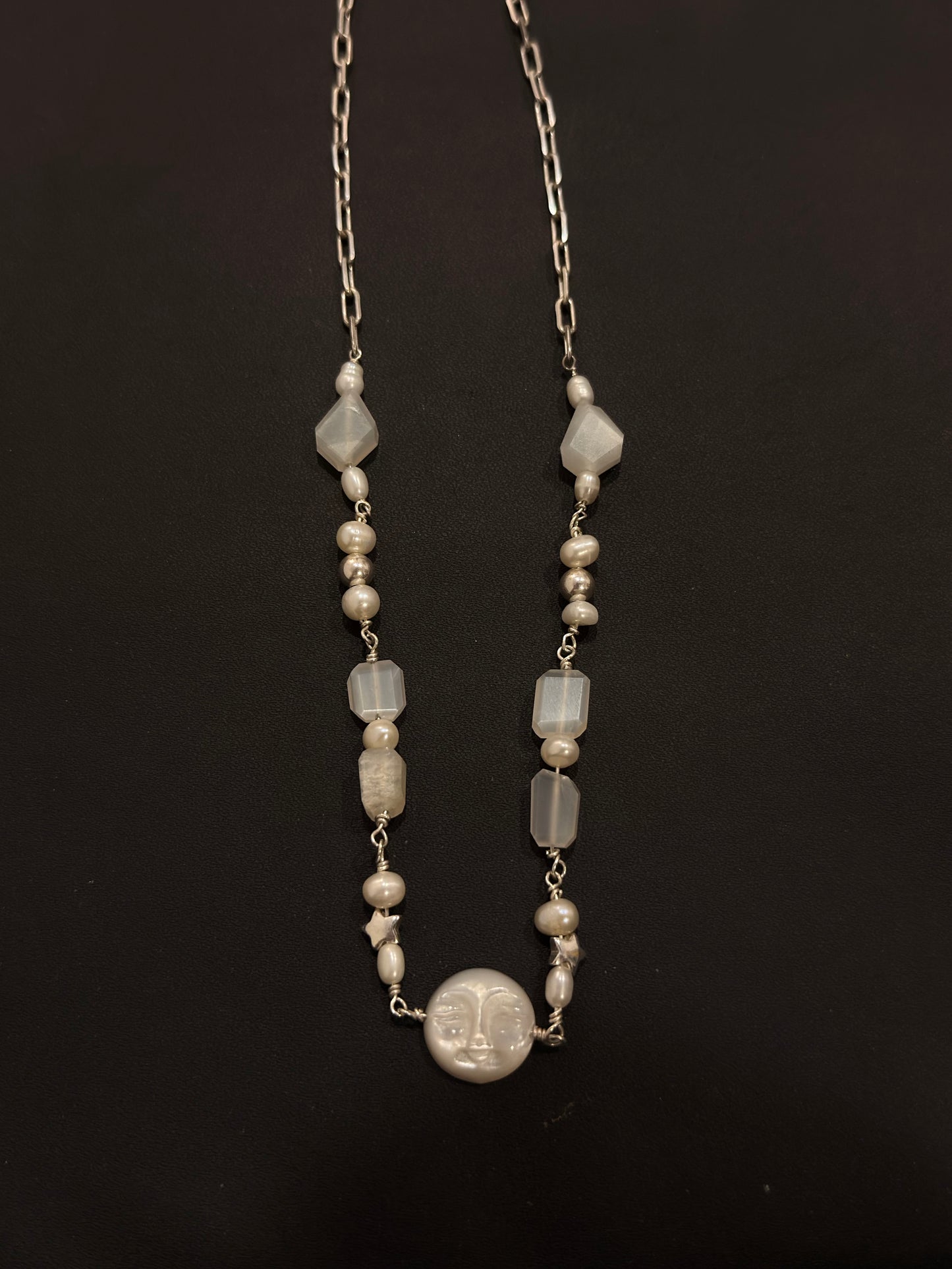 925 Sterling Silver Mother of Pearl Full Moon Face, Star Fresh Water Pearls, Grey Moonstone Handcrafted Necklace