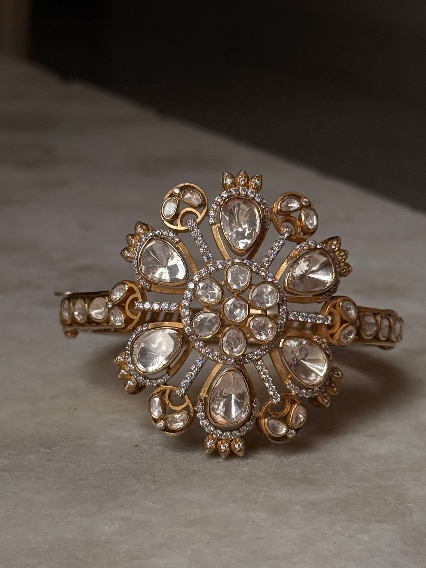 Vintage Inspired 925 Sterling Silver Gold Plated Antique Moissanite Polki Statement Bracelet