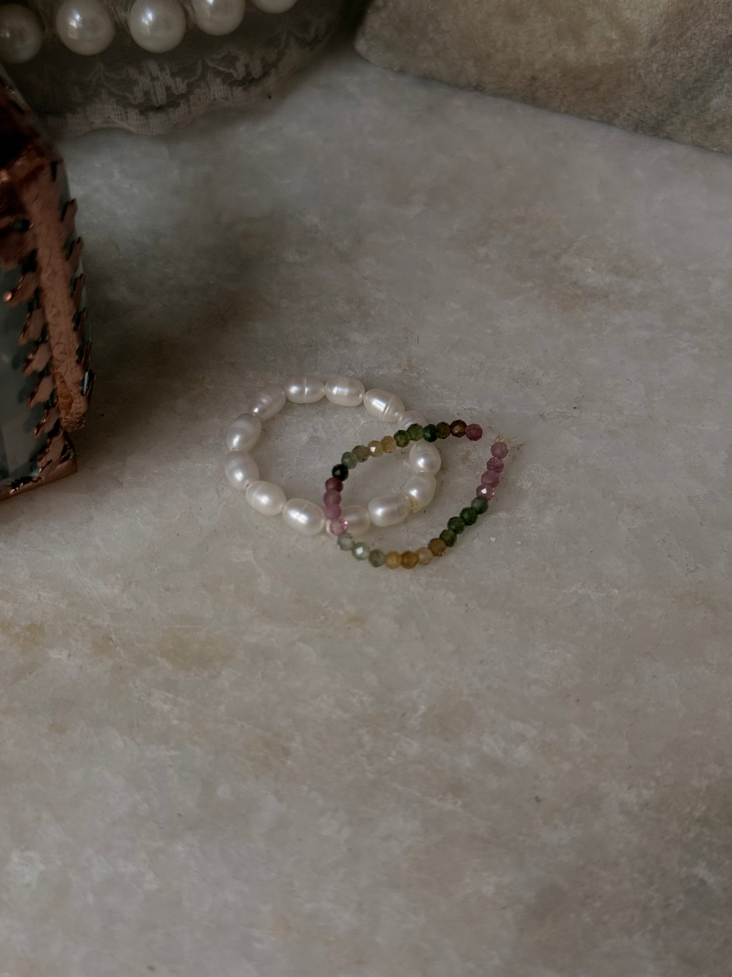 Natural Crystal Stretchy Fresh Water Pearls & Multi Tourmaline Rings