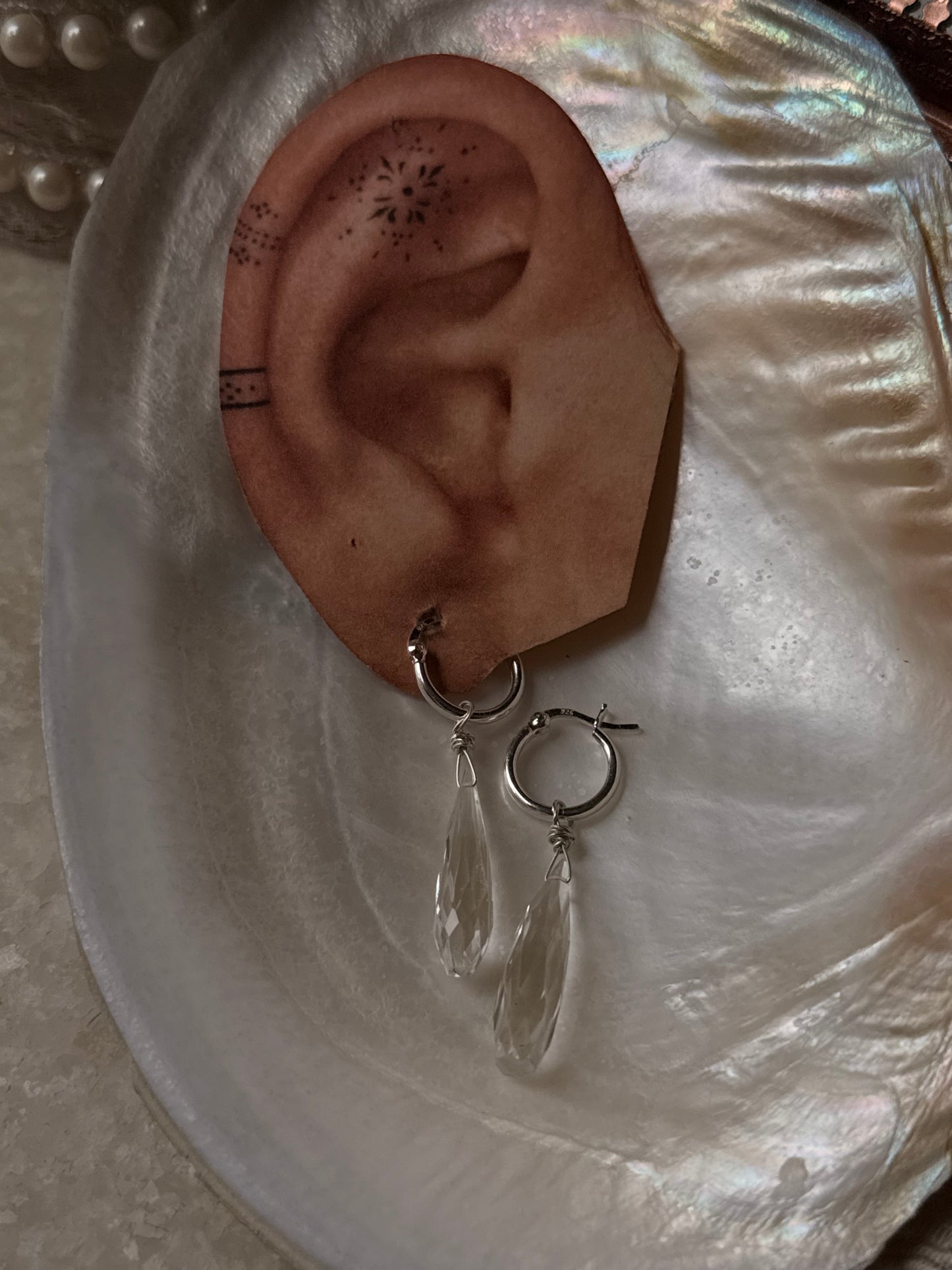 925 Sterling Silver Clear Quartz Drop Carved Charm Italian Hoops Handcrafted