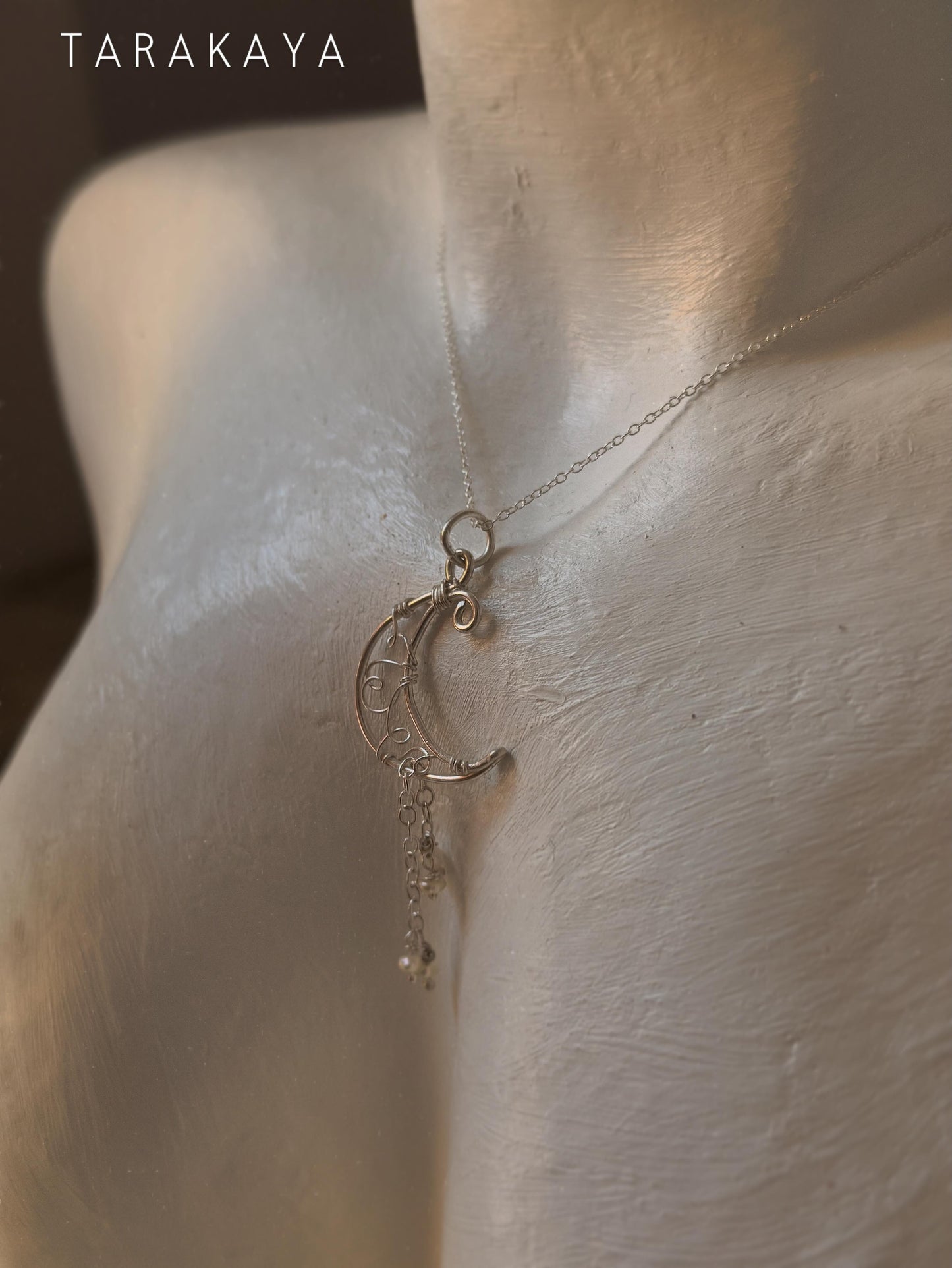 925 Sterling Silver Fresh Water Pearls Chain Moon Wire Wrapped Handcrafted Necklace