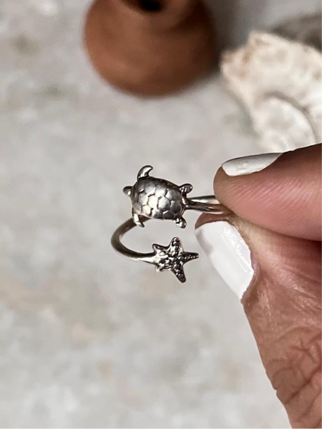 Adjustable Tortoise Starfish 925 Sterling Silver Ring