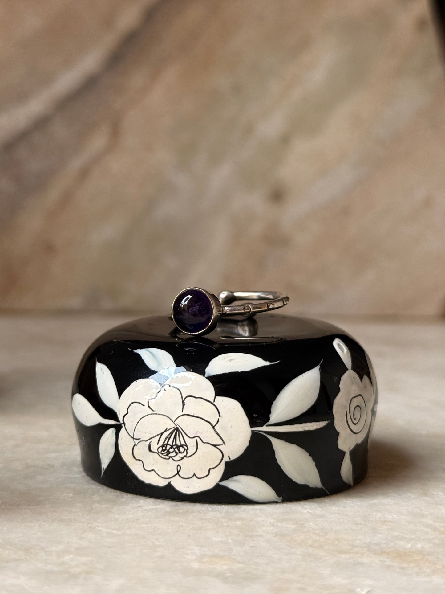 Amethyst Round Tribal Engraved Adjustable 925 Sterling Silver Ring