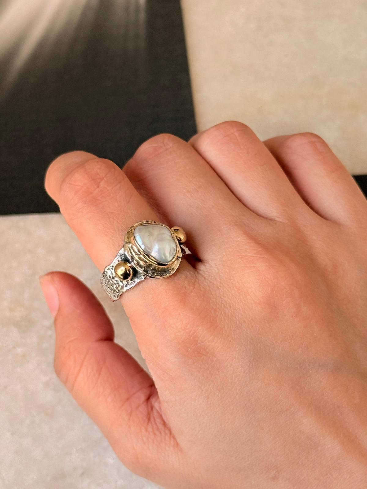 925 Sterling Silver Baroque Pearl Rustic Fusion Handcrafted Ring