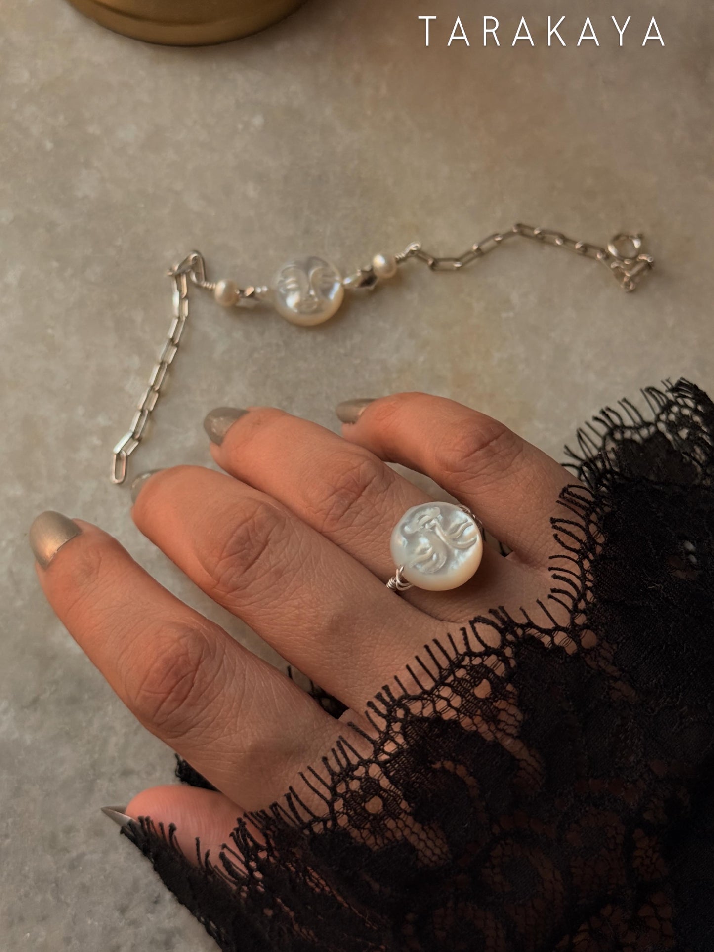 925 Sterling Silver Mother of Pearl Moon Face, Fresh Water Pearls & Silver Stars Self Designed Handcrafted Bracelet