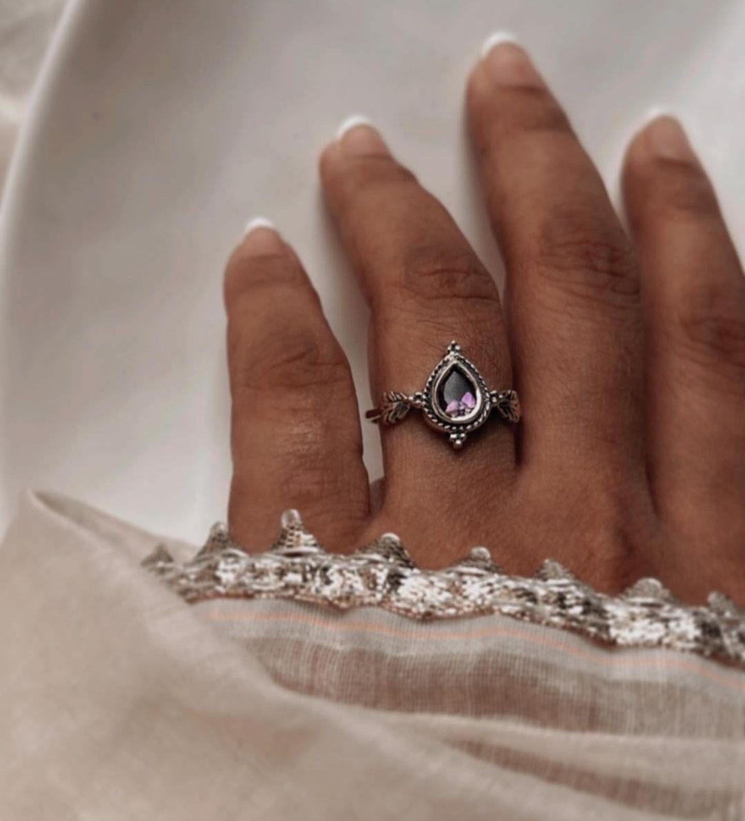 Bohemian-Inspired Silver Ring with Amethyst Pear-Cut Stone
