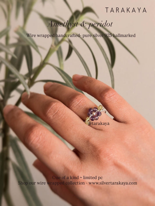 925 Sterling Silver Amethyst & Peridot Floral Wire Wrapped Ring