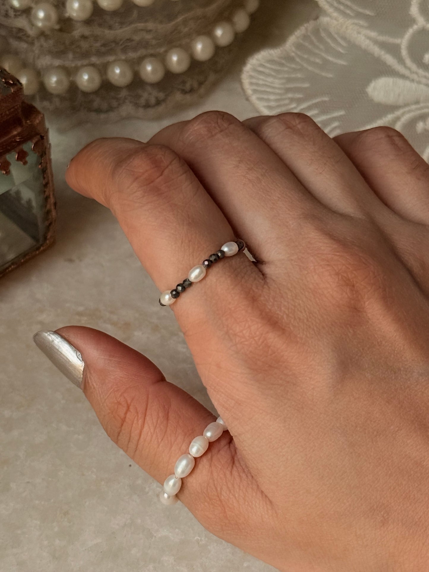 Natural Crystal Stretchy Fresh Water Pearl & Pyrite Pearl Rings