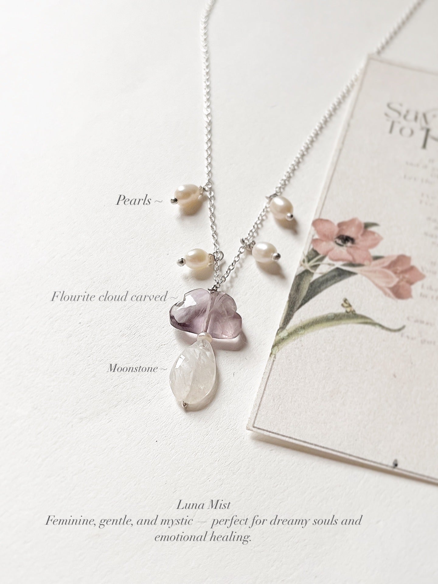 Luna Mist Fluorite Cloud Moonstone Pearl Silver Necklace  