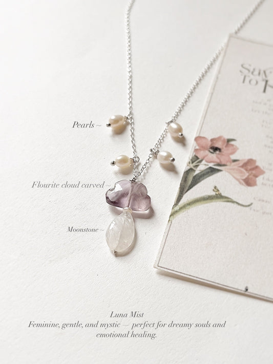 Luna Mist Fluorite Cloud Moonstone Pearl Silver Necklace  