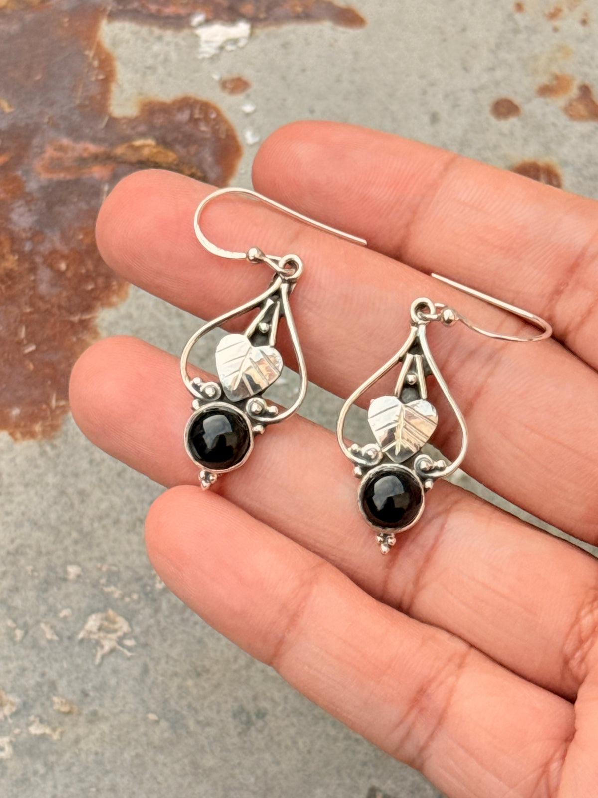 925 Sterling Silver Black Onyx Pear Leaf Rustic Handcrafted Hook Earrings