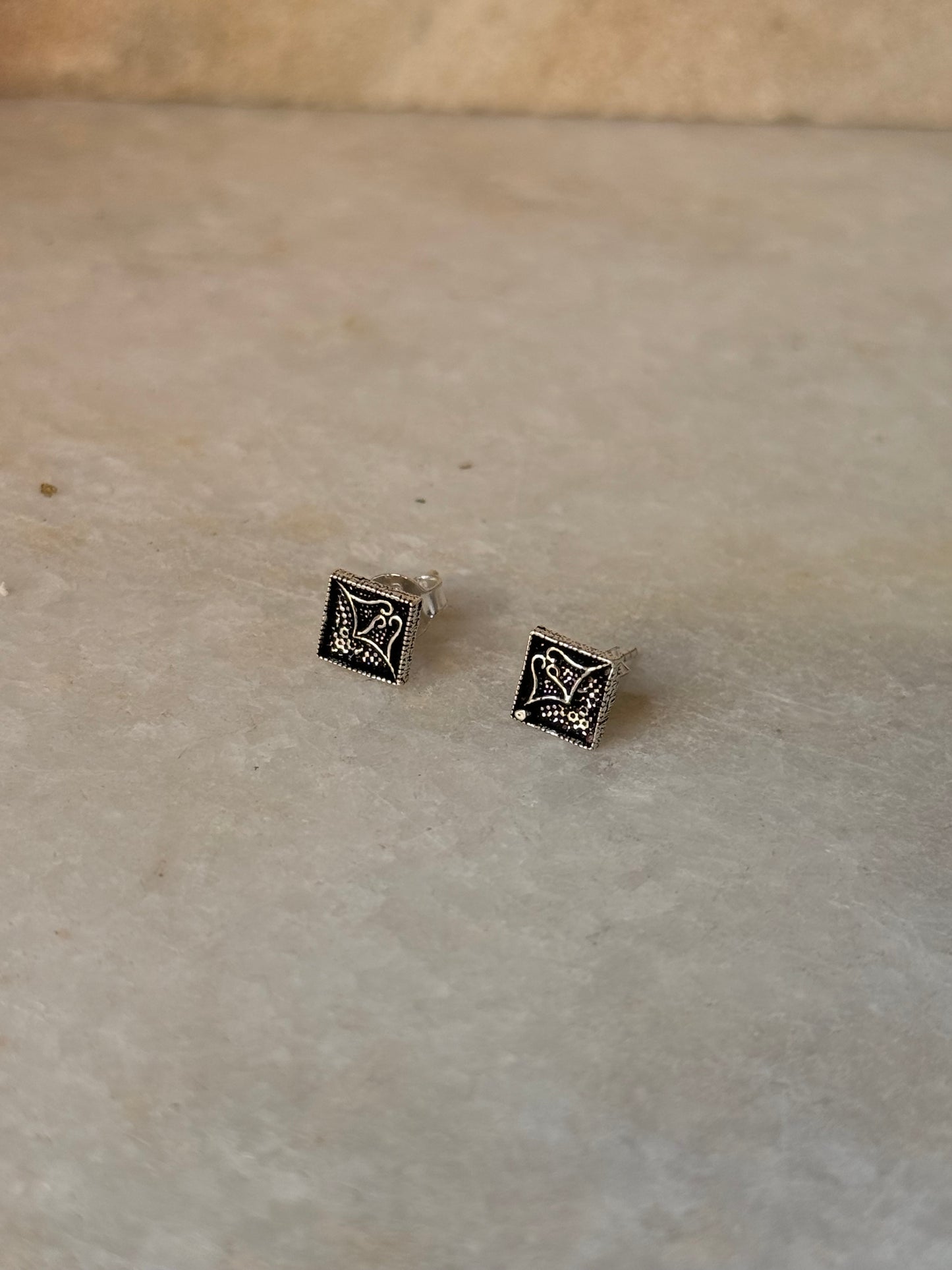 925 Sterling Silver Antique Plain Oxidised Boho Studs Earrings