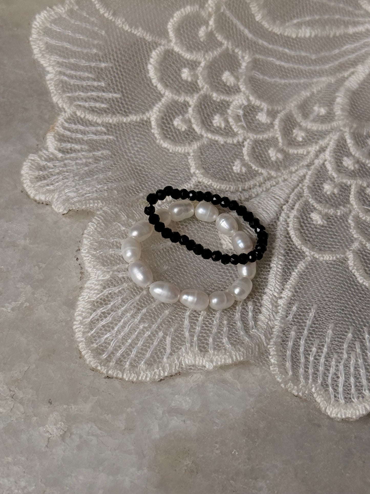 Natural Crystal Stretchy Fresh Water Pearl & Black Spinel Rings
