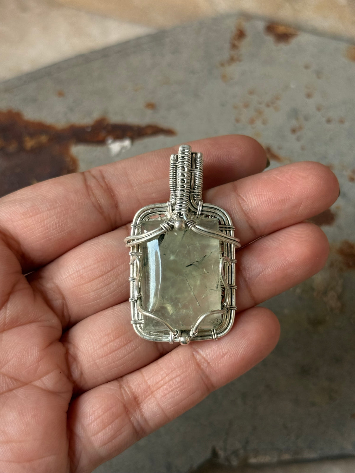 925 Sterling Silver Pherenite  Rectangle Wire Wrapped Handcrafted One of a Kind Pendant