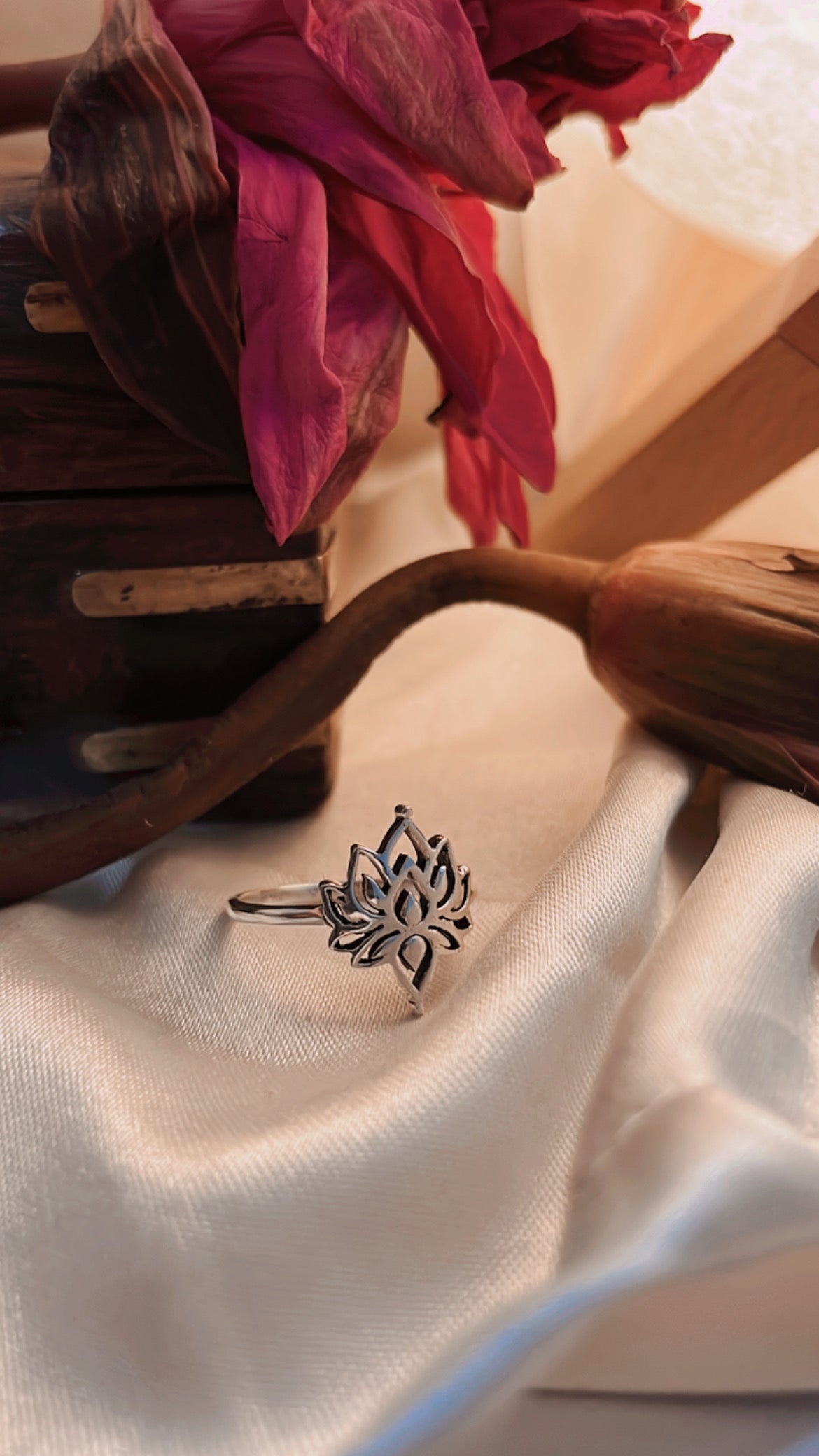 Tiny divine lotus flower ring in sterling silver