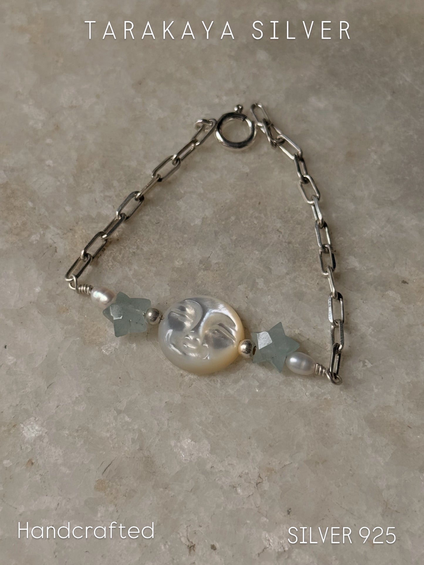 Mother of Pearl Moon Face Carved , Fresh Water Pearls & Aquamarine Craved Stars , Paper Clip Handcrafted 925 Sterling Silver Bracelet