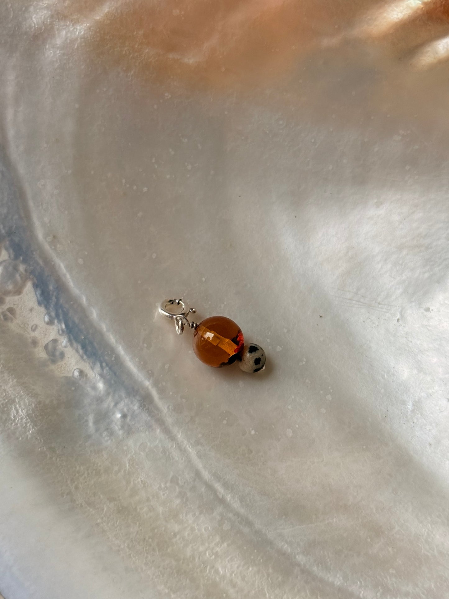 925 Sterling Silver Amber, Dalmantion jasper Crystal Charm