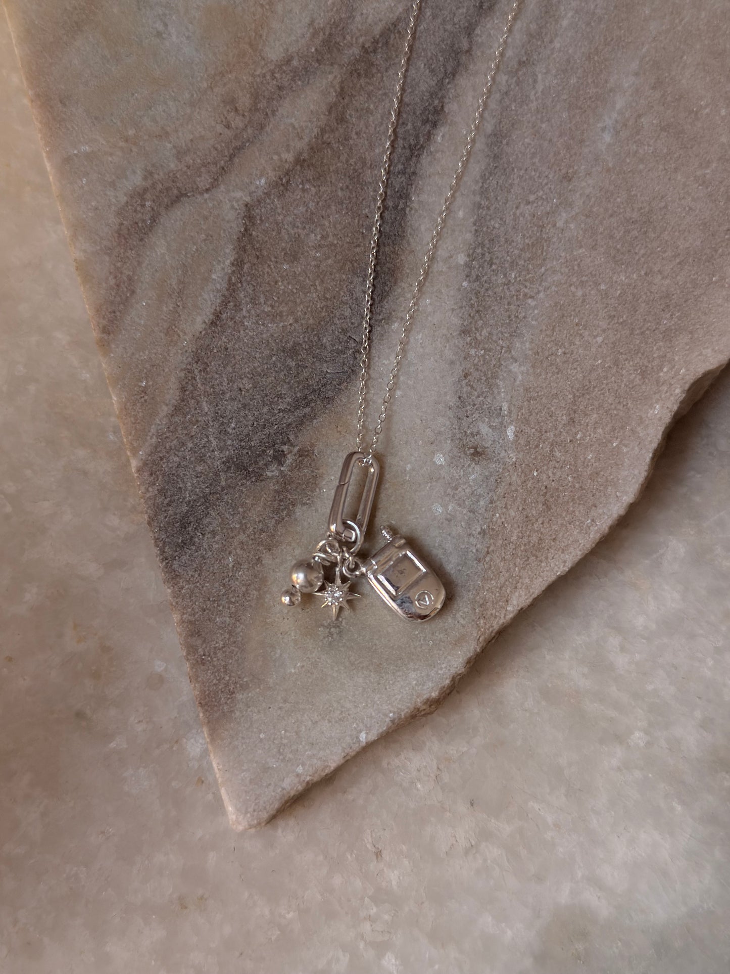 925 Sterling Silver Flip Mobile Phone, White Topaz North Star and Silver Bead With Italian Rectangular Charm Connector