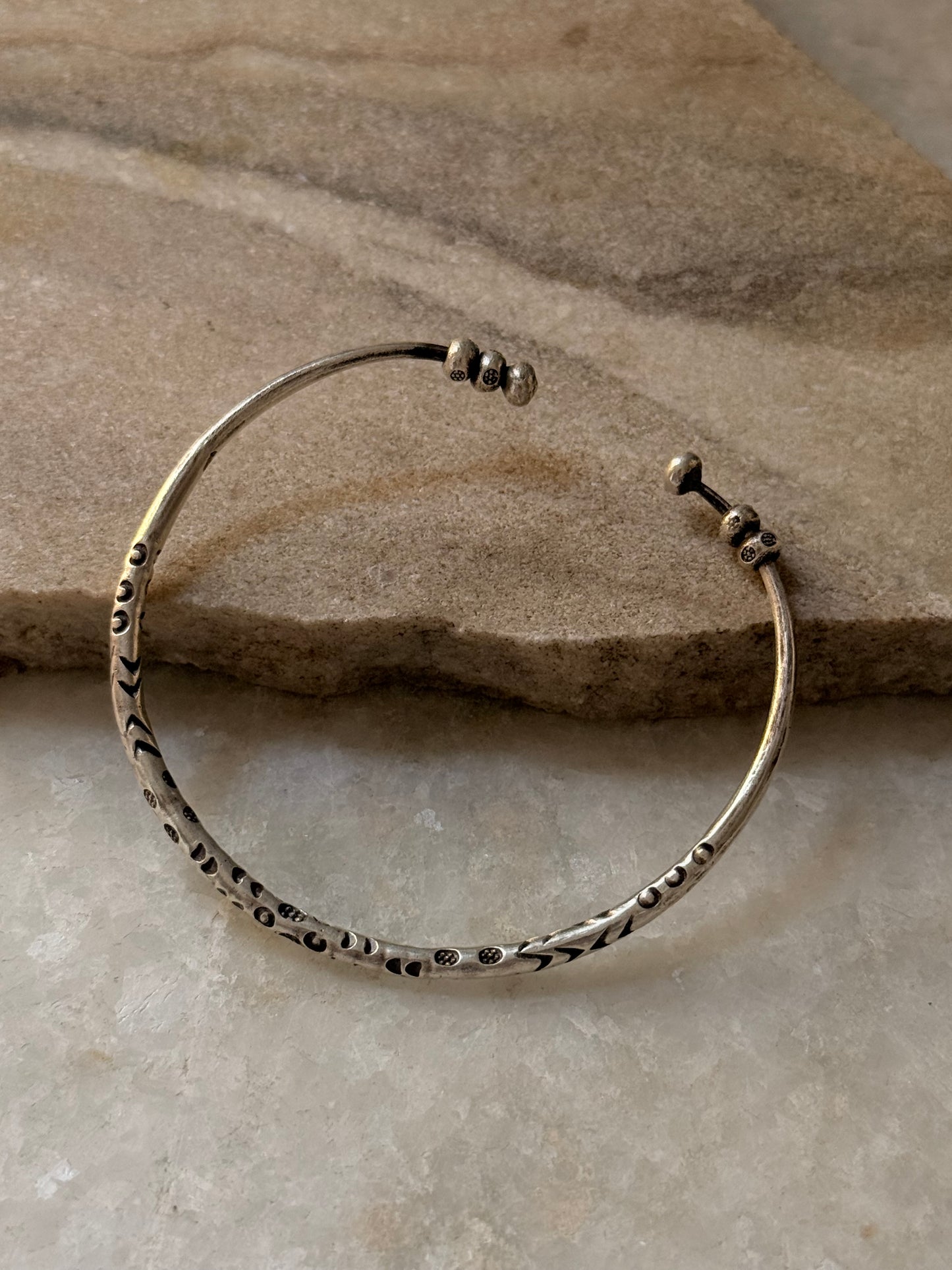 925 Sterling Silver Antique Hill Tribe Handcrafted Floral & Silver Beads Adjustable Kada