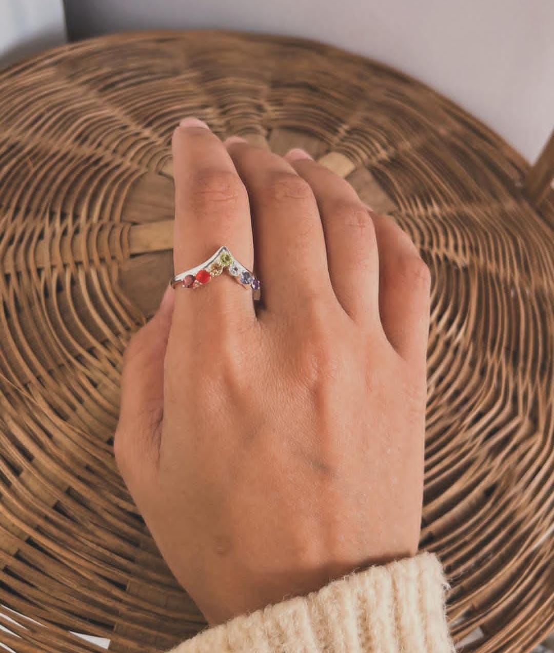 Elegant V-shaped silver ring featuring seven chakra gemstones