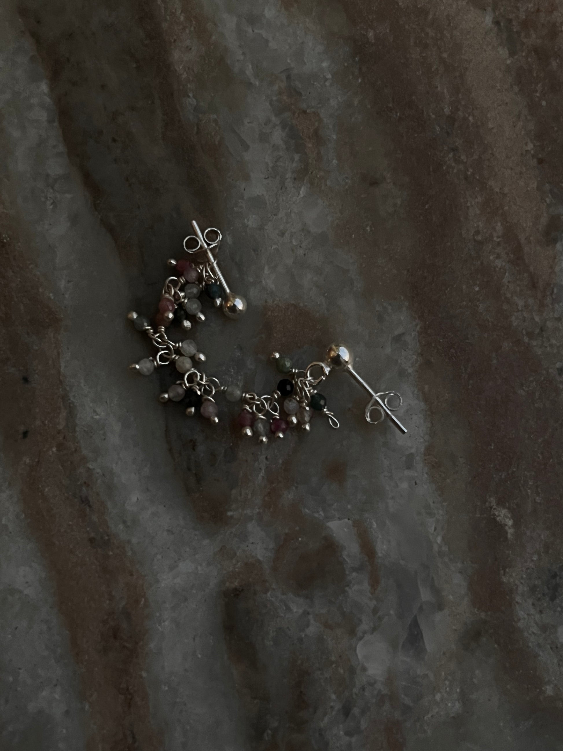Handcrafted multi-tourmaline silver earrings with dual chain design